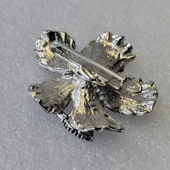 Antique Rhodium Hibiscus Brooch Medium Size Pin - Picture 5 of 7